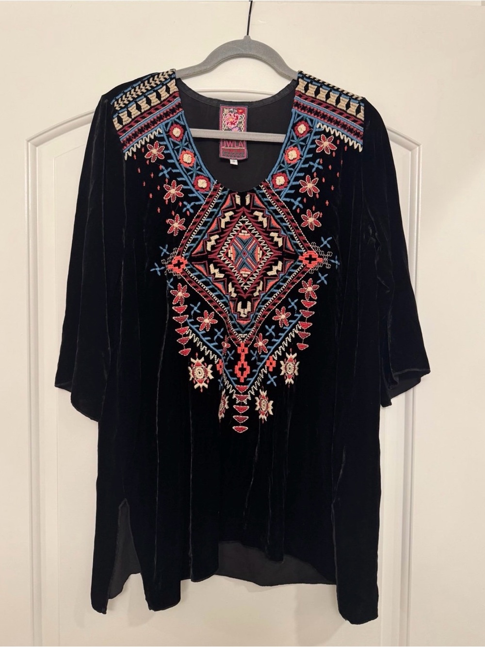 Johnny Was JWLA Lorne Black Velvet Embroidered Tunic Oversized Small